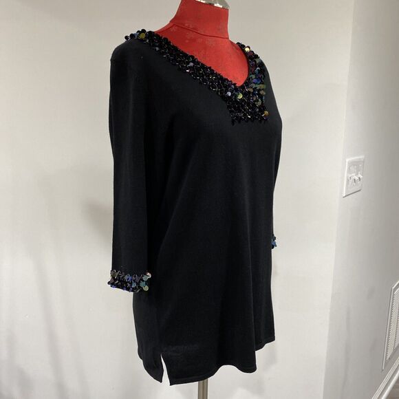 Quacker Factory black tunic sweater sequins embellishment neck and cuff size S - Picture 7 of 9